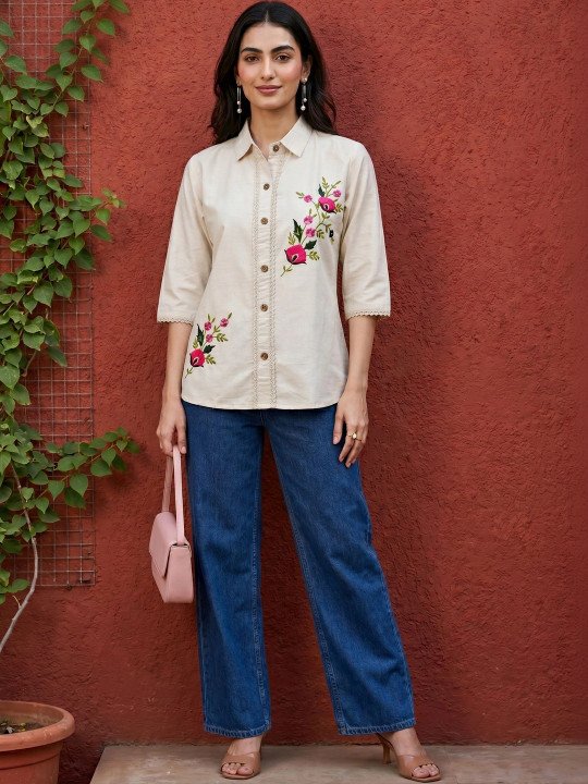 Floral Embroidered Cotton Shirt Style Top - Image 2