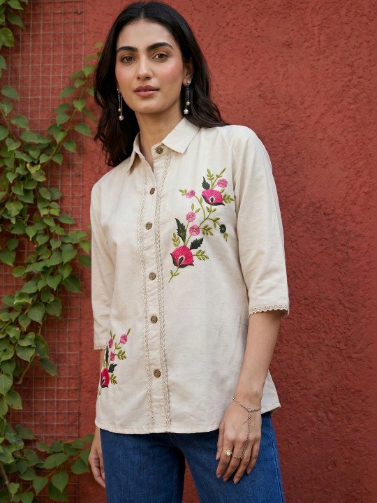 Floral Embroidered Cotton Shirt Style Top - Image 3