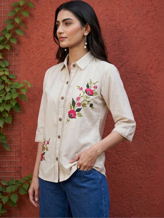 Floral Embroidered Cotton Shirt Style Top - Image 4