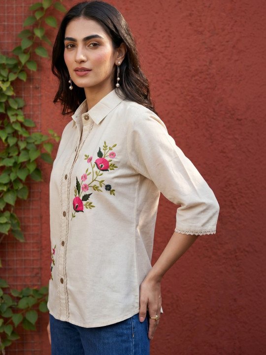 Floral Embroidered Cotton Shirt Style Top - Image 5