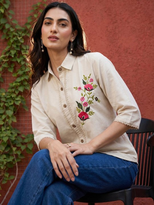 Floral Embroidered Cotton Shirt Style Top - Image 6