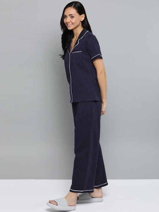 Women Navy Blue Solid Night Suit - Image 4