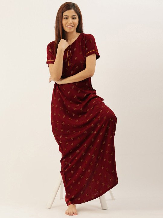Maroon Printed Maxi Nightdress - Image 6