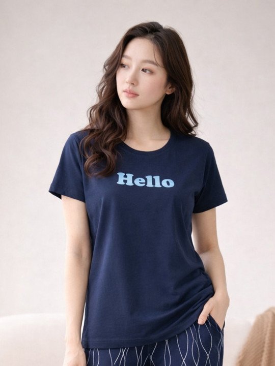 Typography Printed Short Sleeves Pure Cotton T-shirt With Pyjamas - Image 2