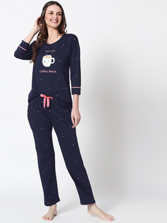Women Navy Blue Self Design Pure Cotton Night Suit