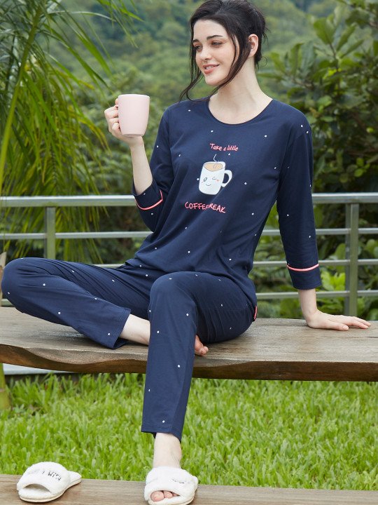 Women Navy Blue Self Design Pure Cotton Night Suit - Image 2