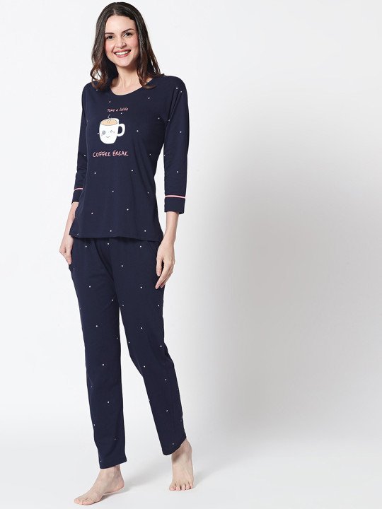 Women Navy Blue Self Design Pure Cotton Night Suit - Image 4