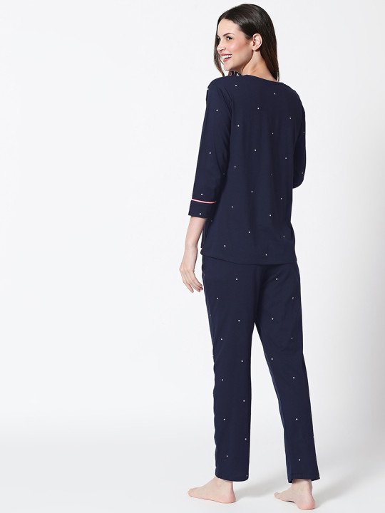 Women Navy Blue Self Design Pure Cotton Night Suit - Image 5