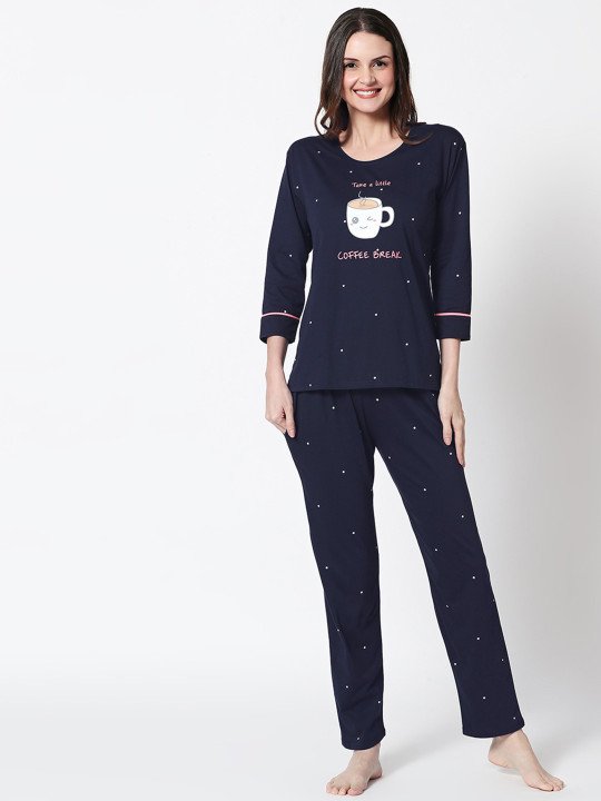 Women Navy Blue Self Design Pure Cotton Night Suit - Image 6