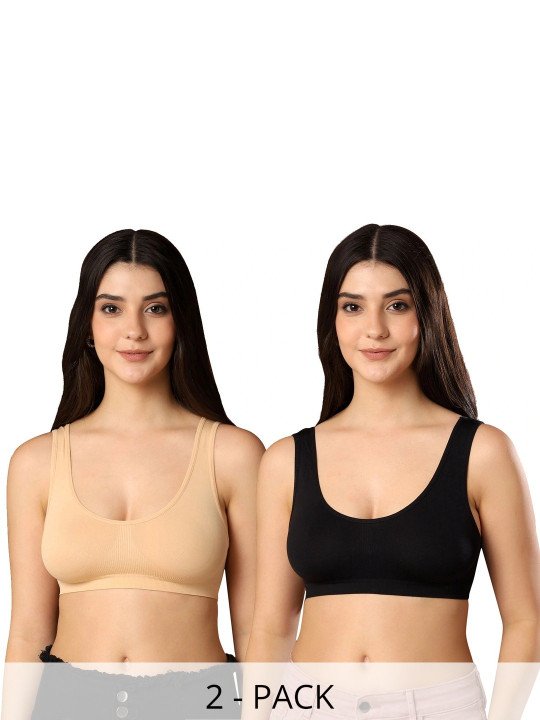 Pack of 2 Non-Padded Full Coverage Stretchable Hosiery Cotton Sports Bra