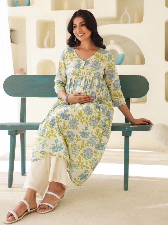 Women's Off White Pure Cotton Floral Printed A-line Maternity Kurta