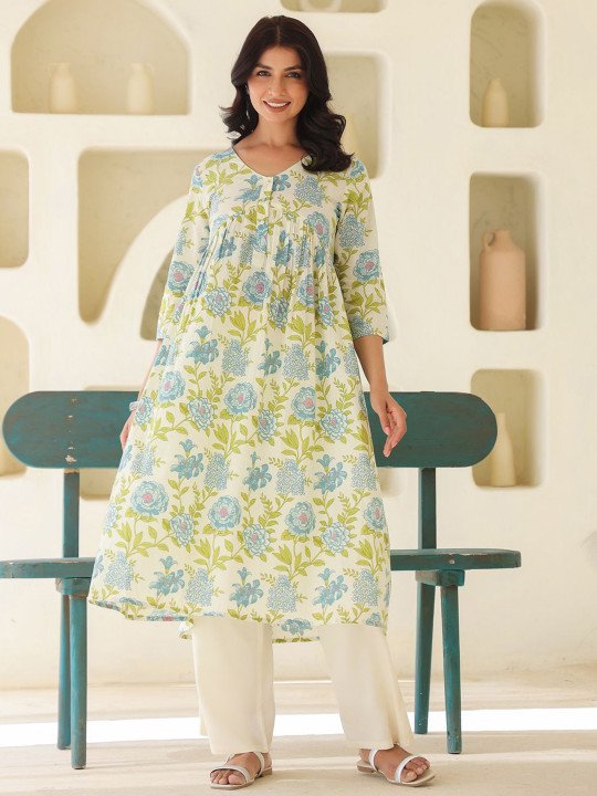 Women's Off White Pure Cotton Floral Printed A-line Maternity Kurta - Image 2