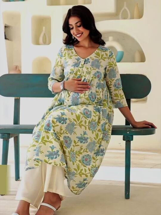 Women's Off White Pure Cotton Floral Printed A-line Maternity Kurta - Image 3