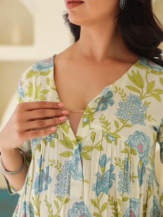 Women's Off White Pure Cotton Floral Printed A-line Maternity Kurta - Image 4