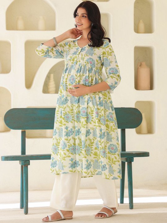 Women's Off White Pure Cotton Floral Printed A-line Maternity Kurta - Image 6