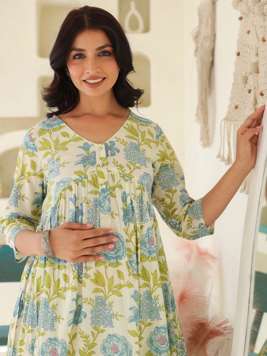 Women's Off White Pure Cotton Floral Printed A-line Maternity Kurta - Image 7