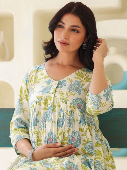 Women's Off White Pure Cotton Floral Printed A-line Maternity Kurta - Image 8