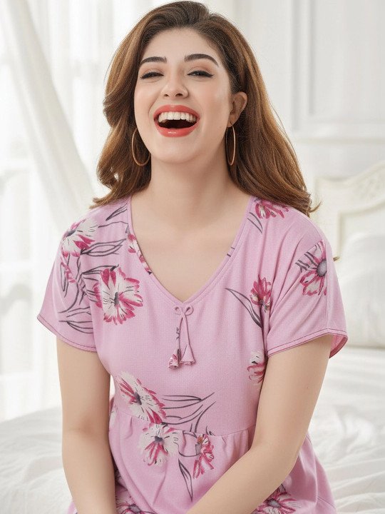 Women Floral Printed V-Neck Midi Nightdress - Image 2