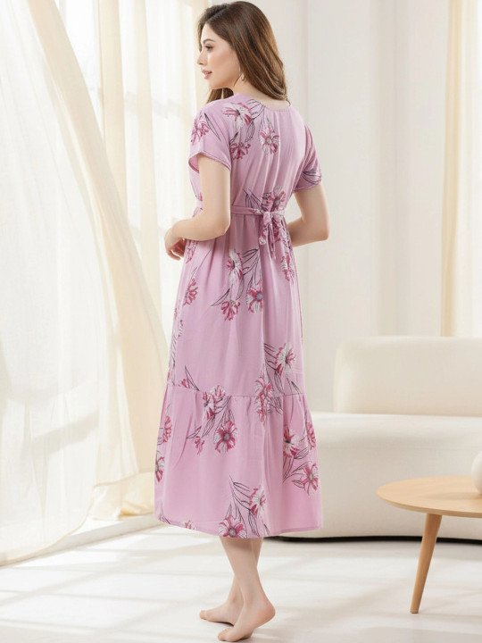 Women Floral Printed V-Neck Midi Nightdress - Image 4