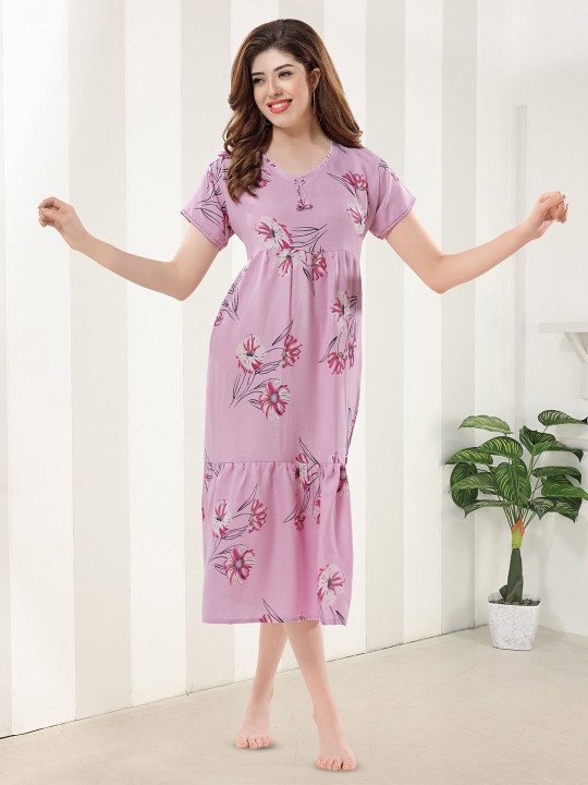 Women Floral Printed V-Neck Midi Nightdress - Image 5
