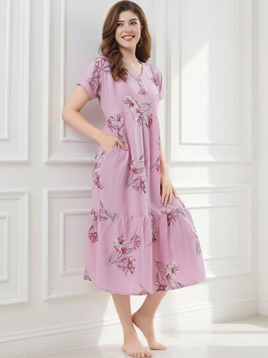 Women Floral Printed V-Neck Midi Nightdress - Image 6
