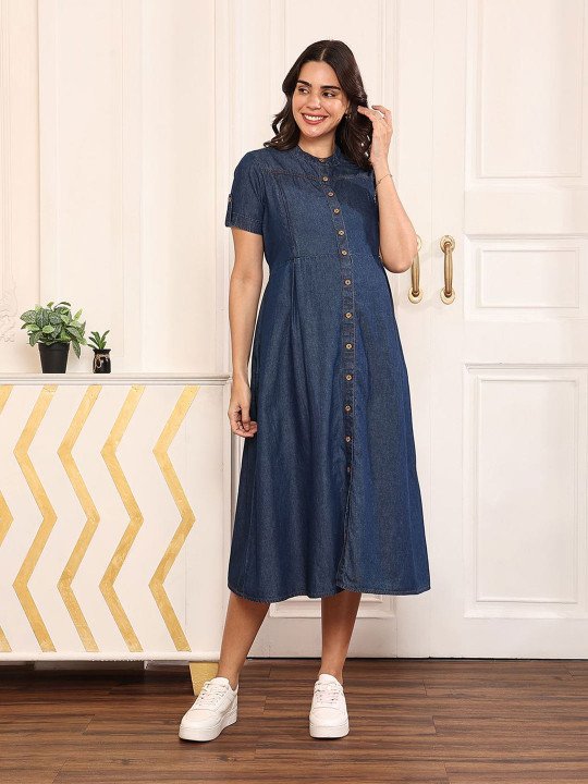 Women Cotton Dark Blue Maternity Denim A-line Midi Dress