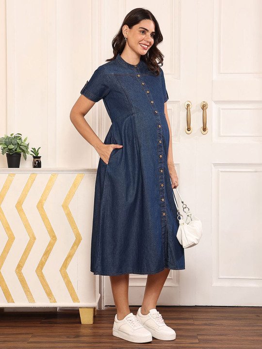 Women Cotton Dark Blue Maternity Denim A-line Midi Dress - Image 4