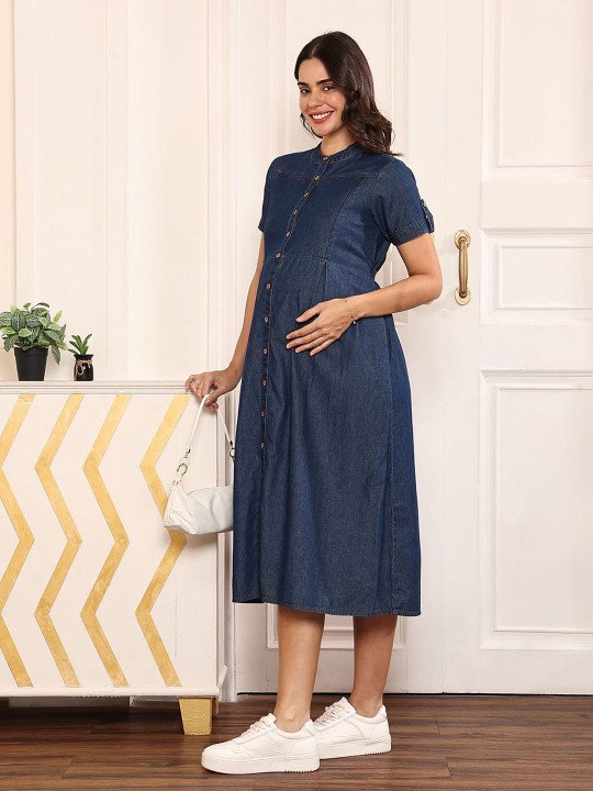 Women Cotton Dark Blue Maternity Denim A-line Midi Dress - Image 5