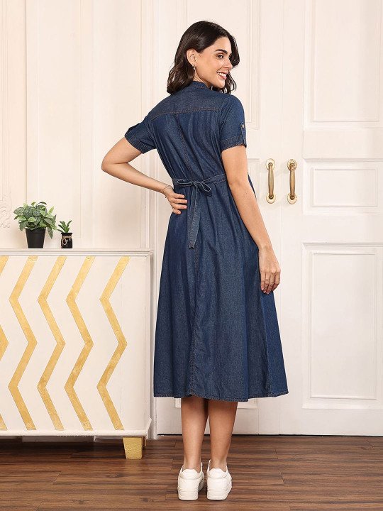 Women Cotton Dark Blue Maternity Denim A-line Midi Dress - Image 6