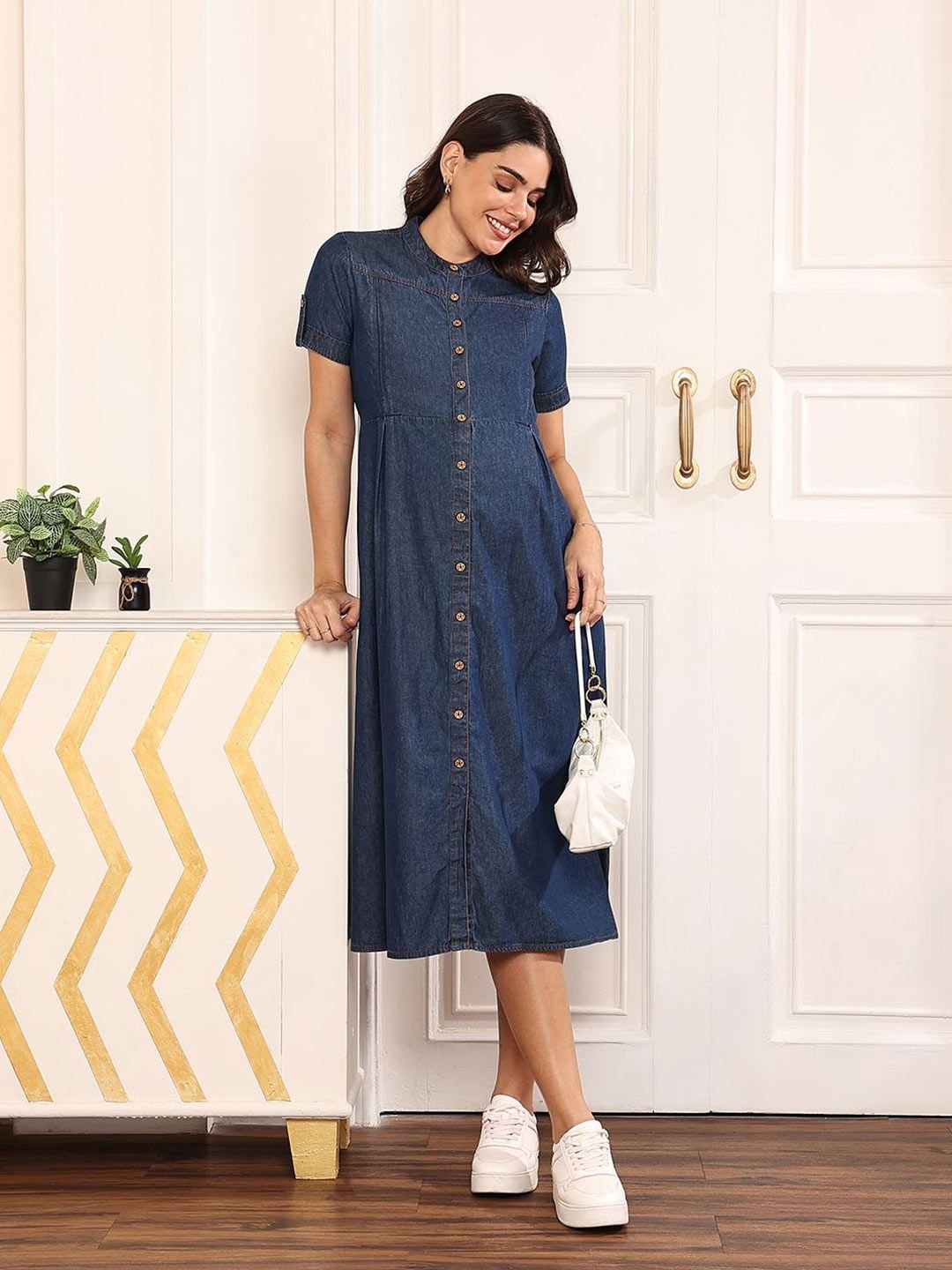 Women Cotton Dark Blue Maternity Denim A-line Midi Dress - Image 7
