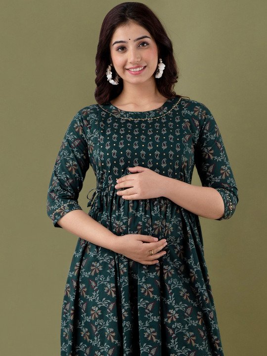 Floral Printed Maternity A-Line Midi Ethnic Dress
