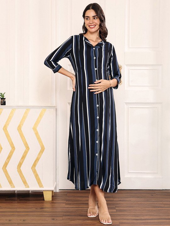 Striped Round Neck Maternity A-Line Maxi Dress