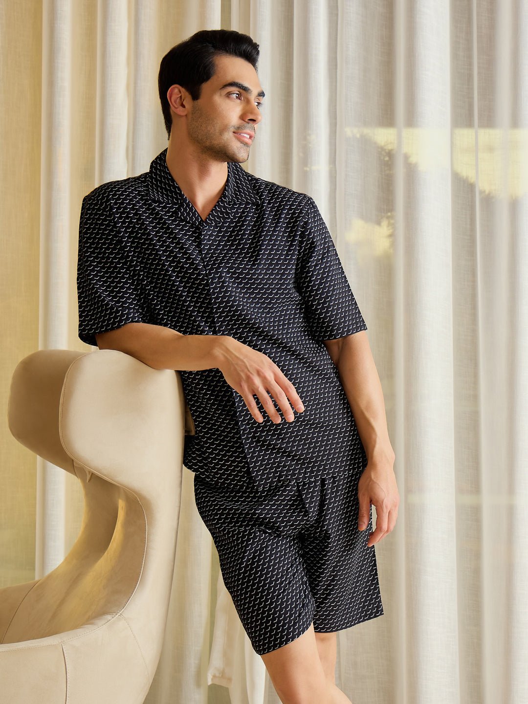 Wave Print Button Down Shorts Set - Image 2