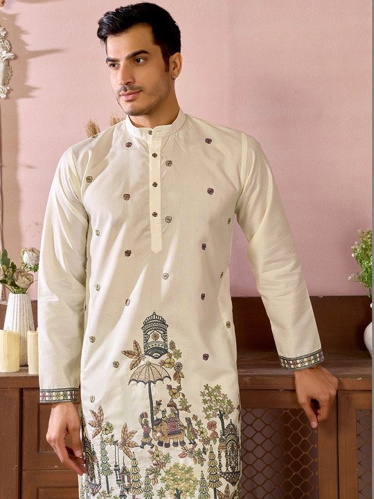 Embroidered Cotton Mandarin Collar Knee Length Straight Kurta