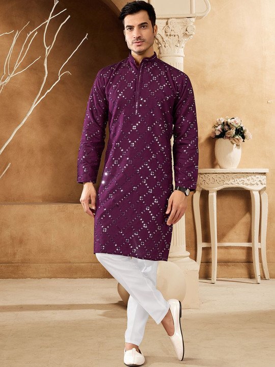 Embellished Cotton Mandarin Collar Knee Length Straight Kurta