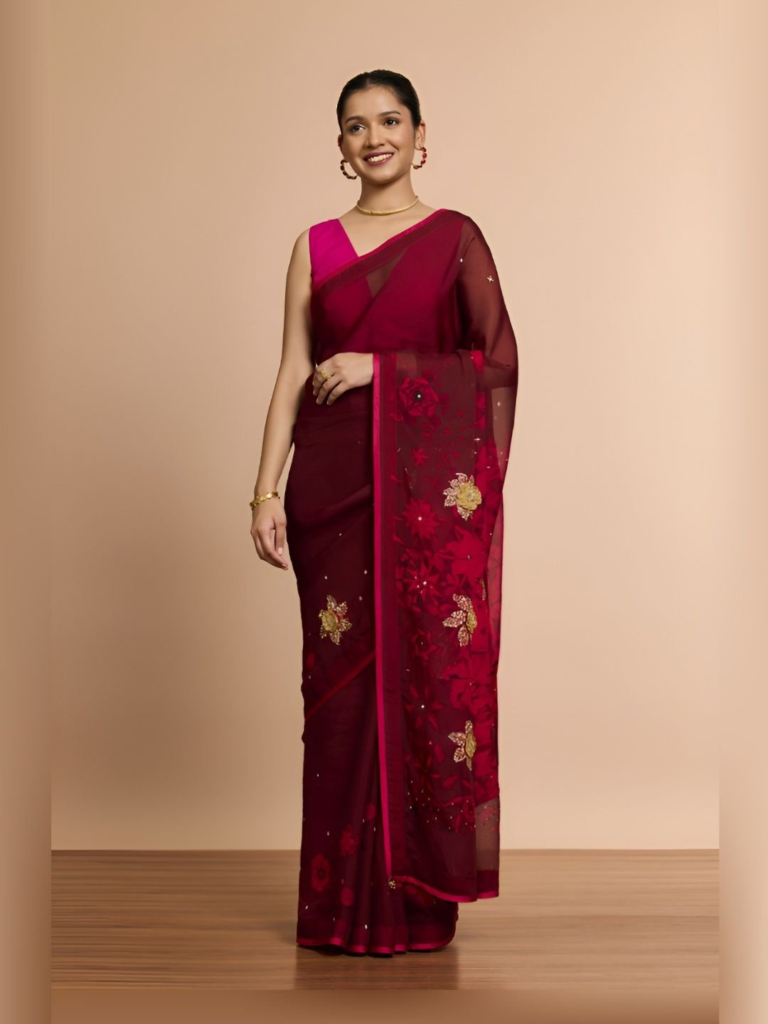 Taneira Floral Embellished Sequinned Maheshwari Saree - Image 2