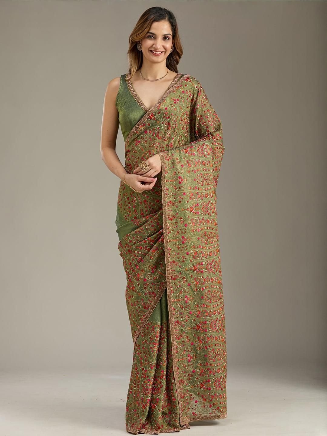 Koskii Women Kashmiri Green Tissue Saree With Unstitched Blouse