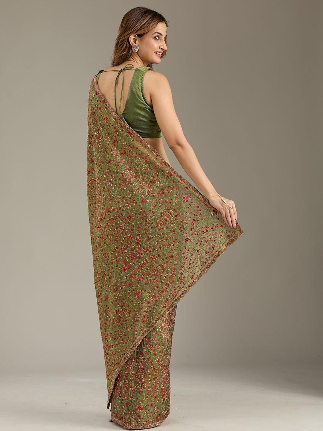 Koskii Women Kashmiri Green Tissue Saree With Unstitched Blouse - Image 3
