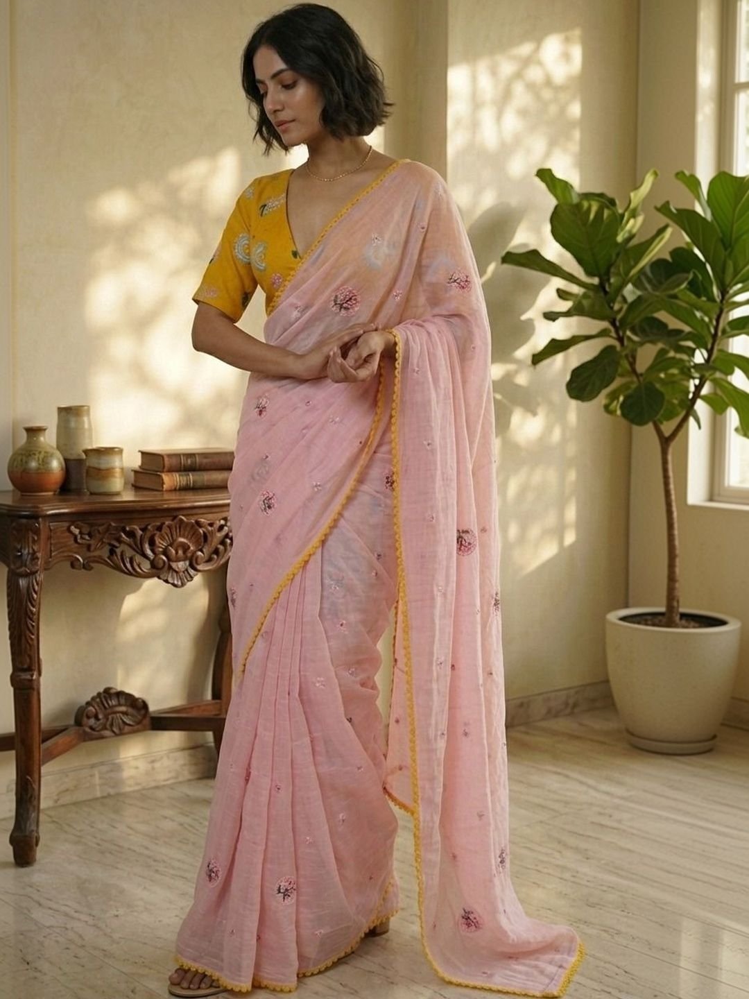 Ready To Wear Charming Pastel Pink Floral Motifs Mul Chanderi Saree - Image 3