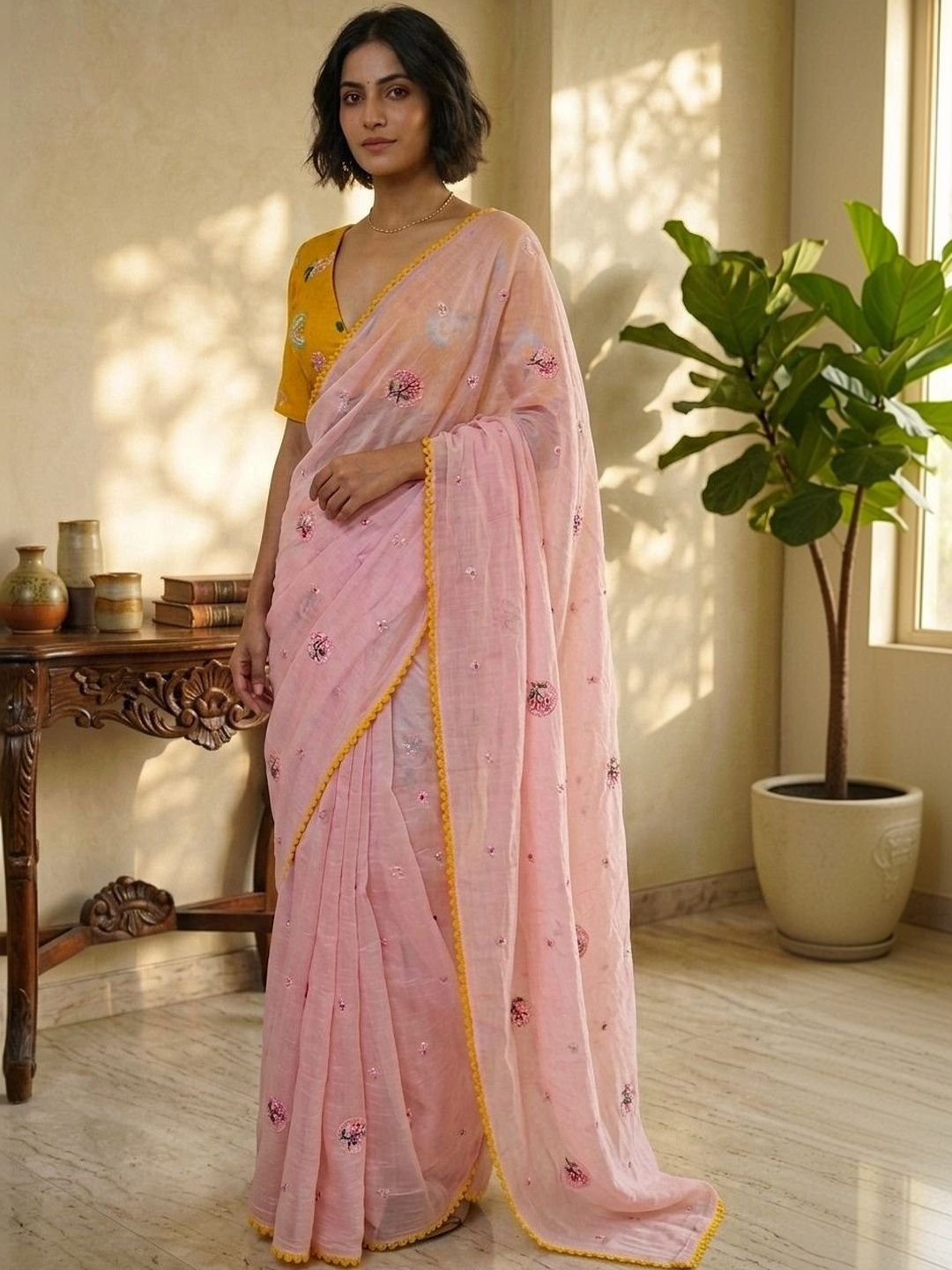 Ready To Wear Charming Pastel Pink Floral Motifs Mul Chanderi Saree - Image 4