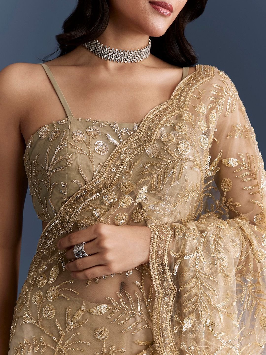 Embellished Sequinned Net Heavy Work Saree - Image 2