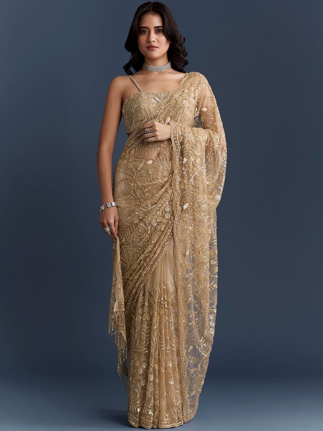 Embellished Sequinned Net Heavy Work Saree - Image 3