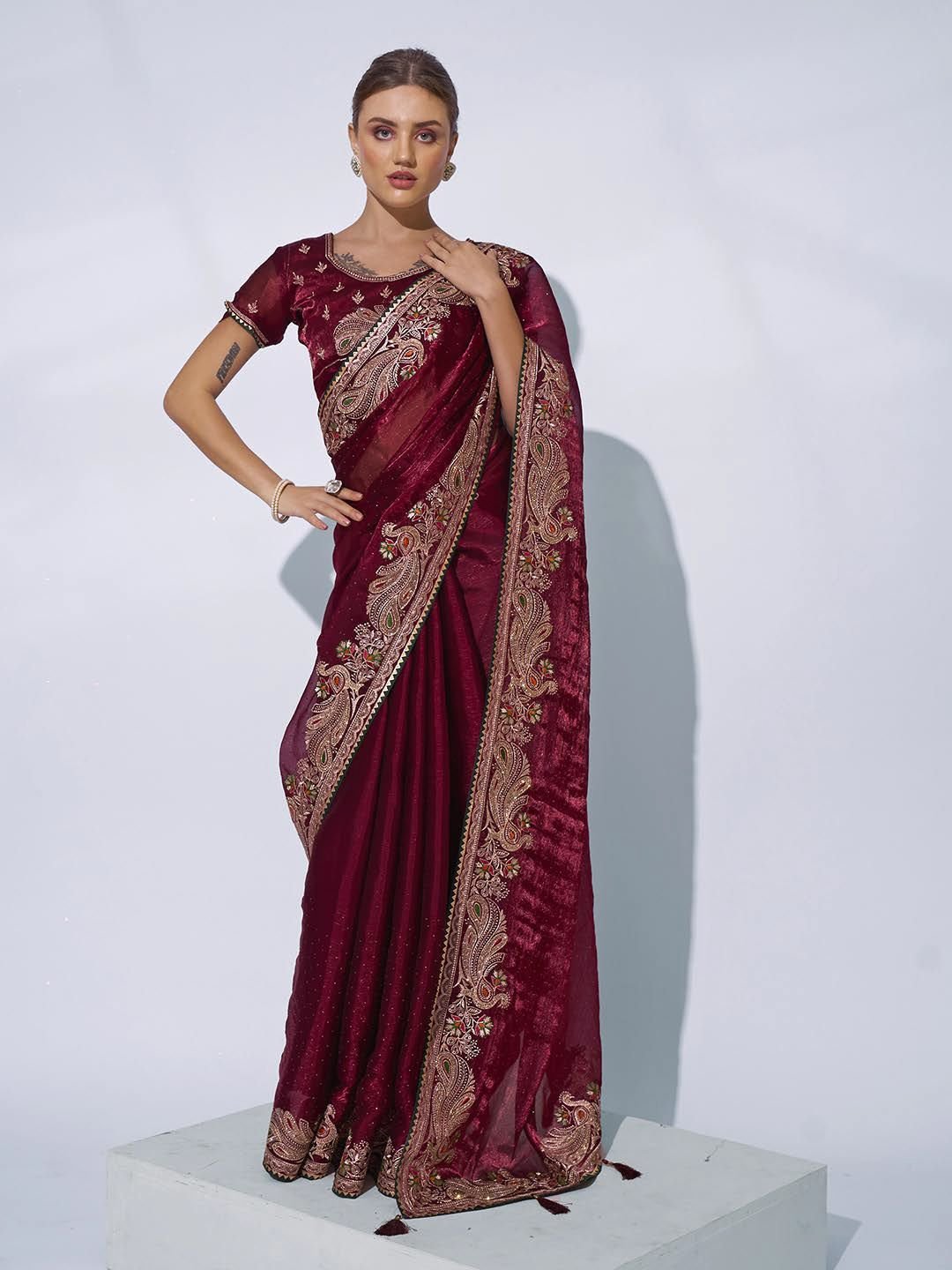 Ethnic Motifs Embroidered Organza Saree