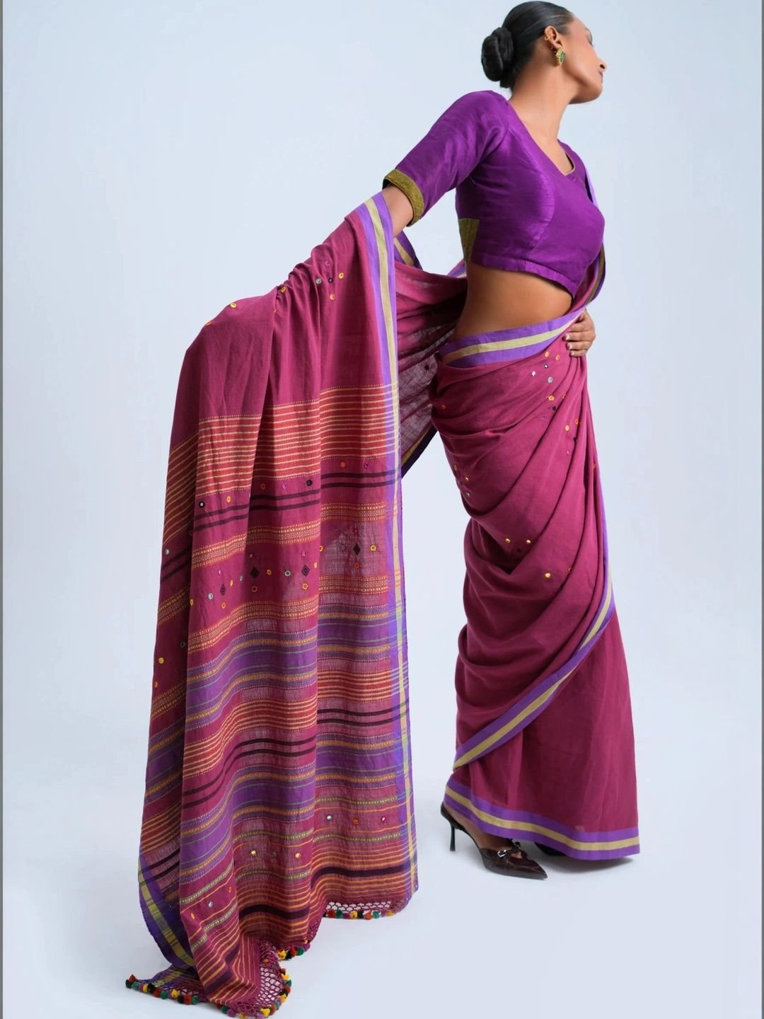 Striped Mirror Work Pure Cotton Narayan Peth Saree - Image 3