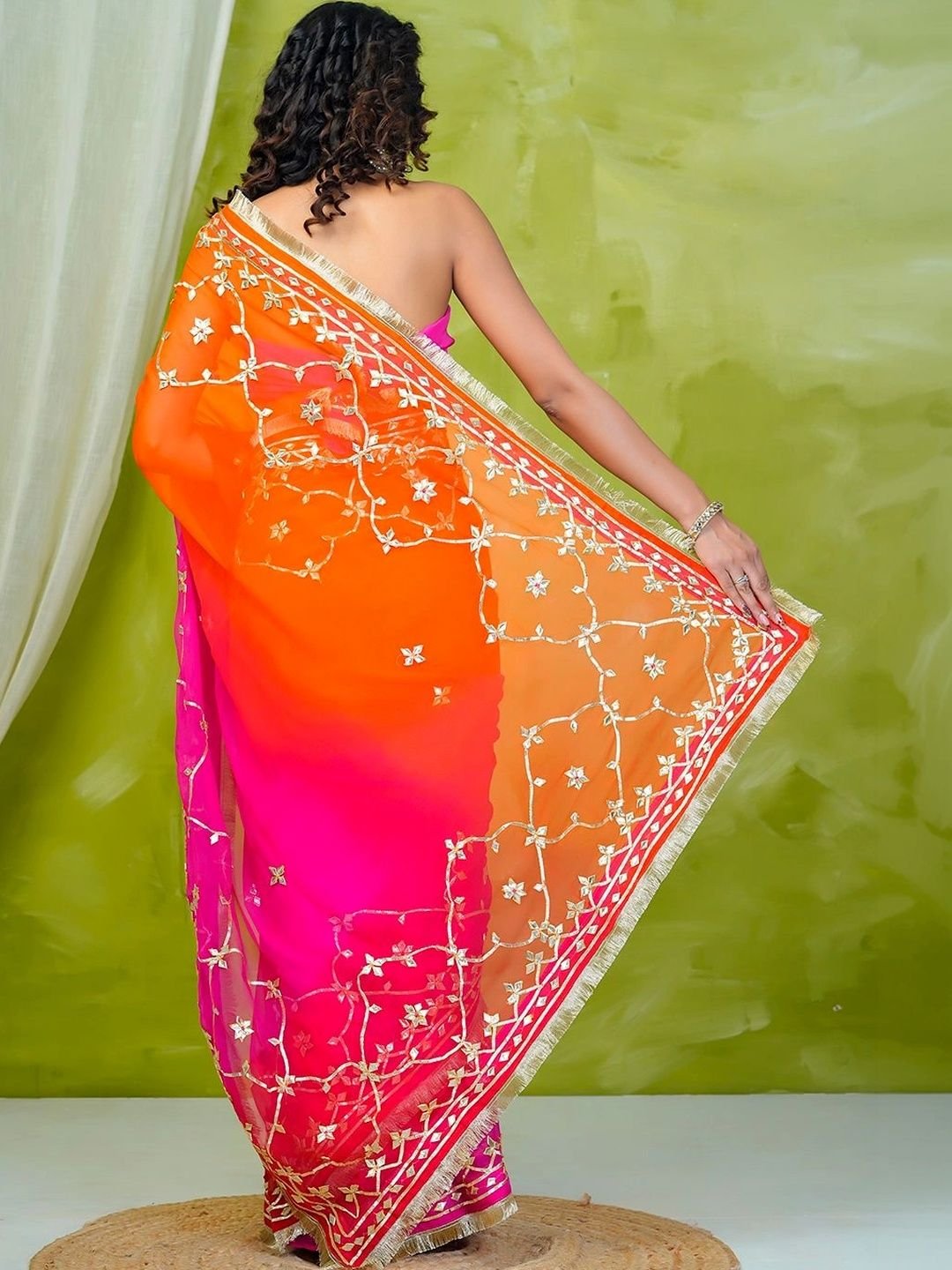 Pink & Orange Shaded Chiffon Saree with Gota Patti Jaal Work - Image 2