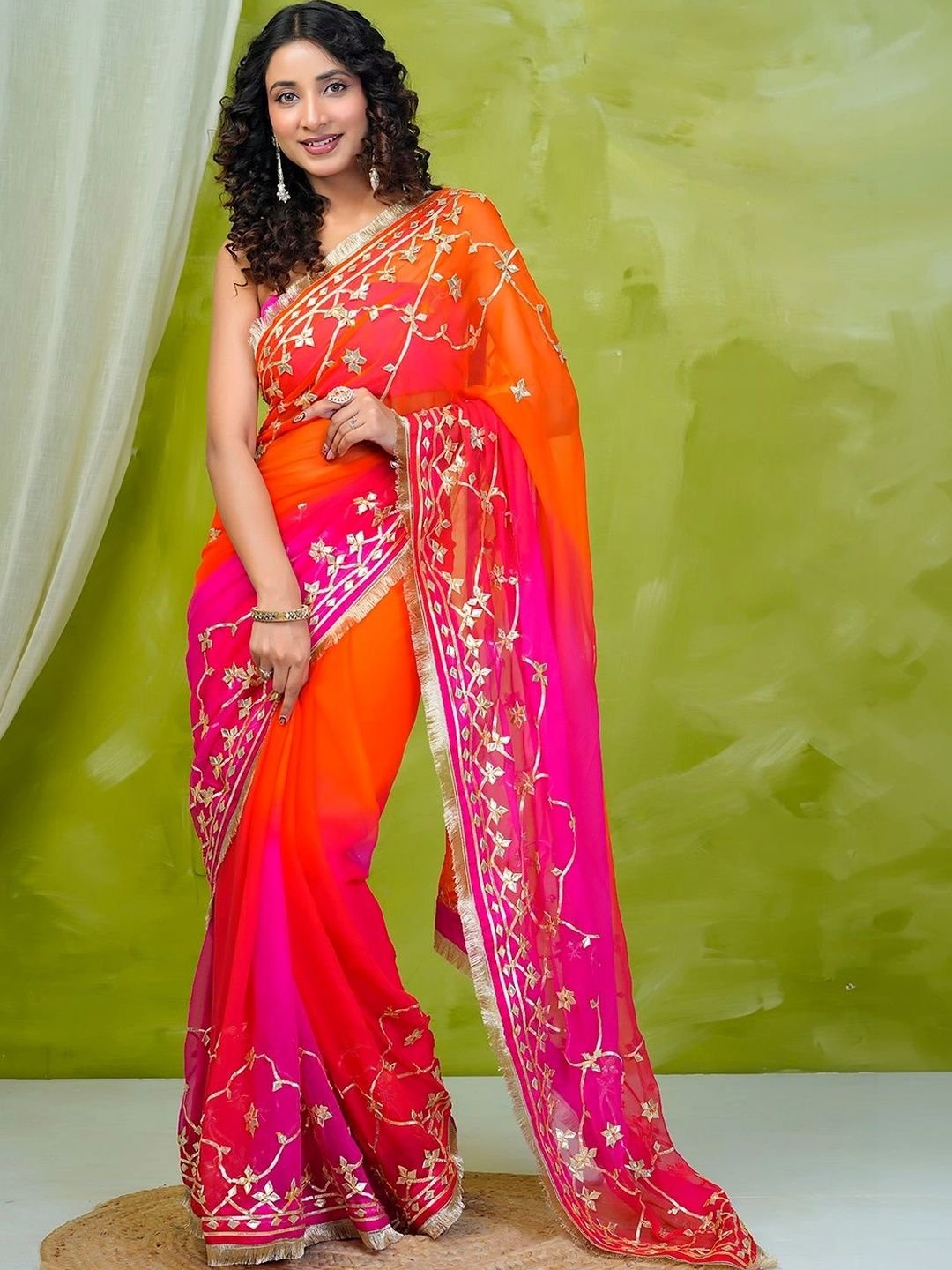 Pink & Orange Shaded Chiffon Saree with Gota Patti Jaal Work - Image 3