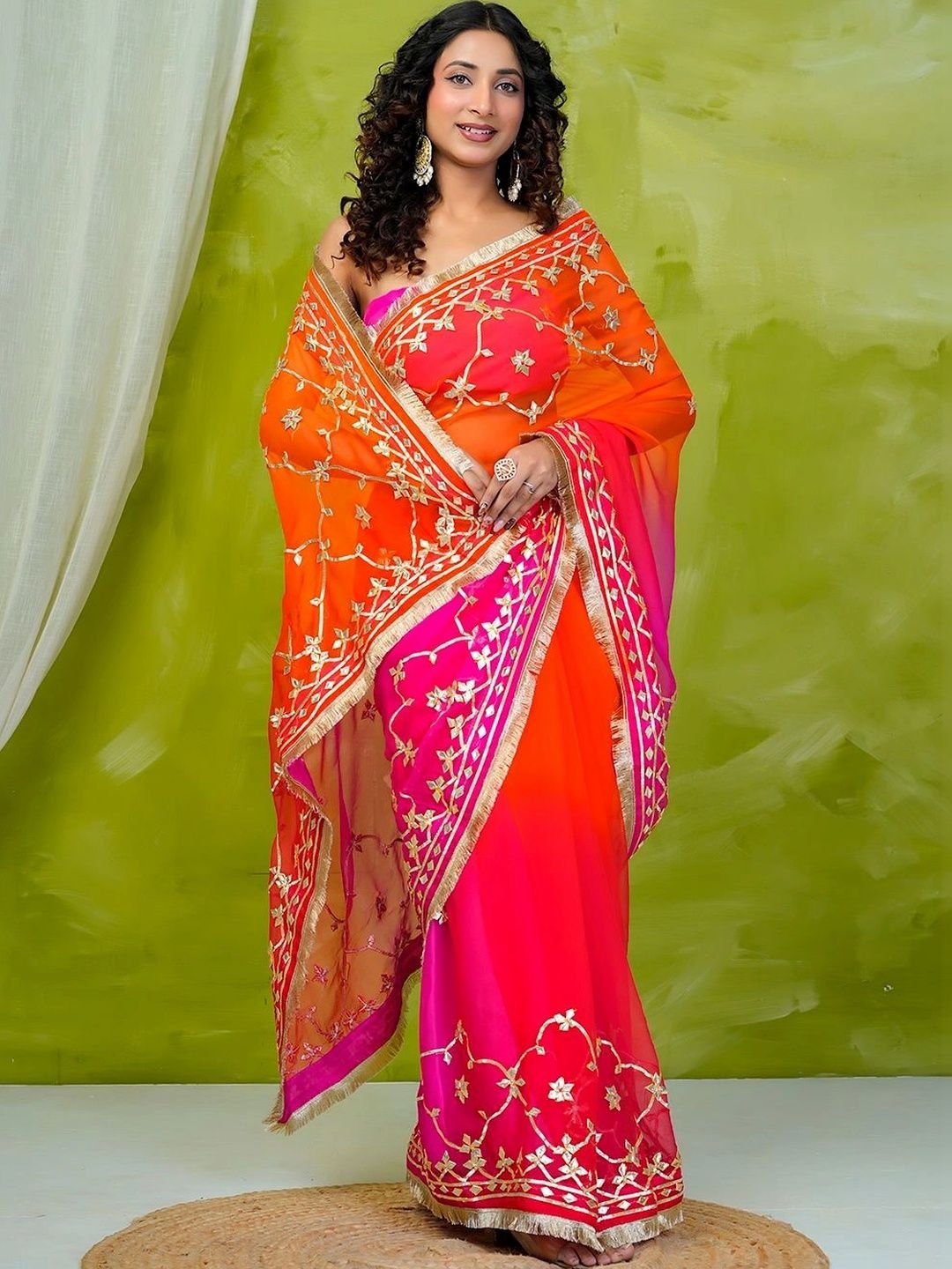 Pink & Orange Shaded Chiffon Saree with Gota Patti Jaal Work - Image 4