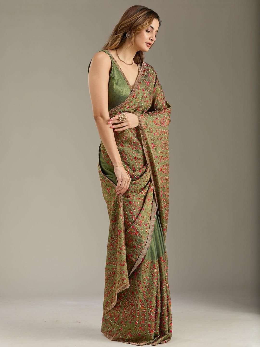 Kashmiri Green Tissue Saree With Unstitched Blouse - Image 2