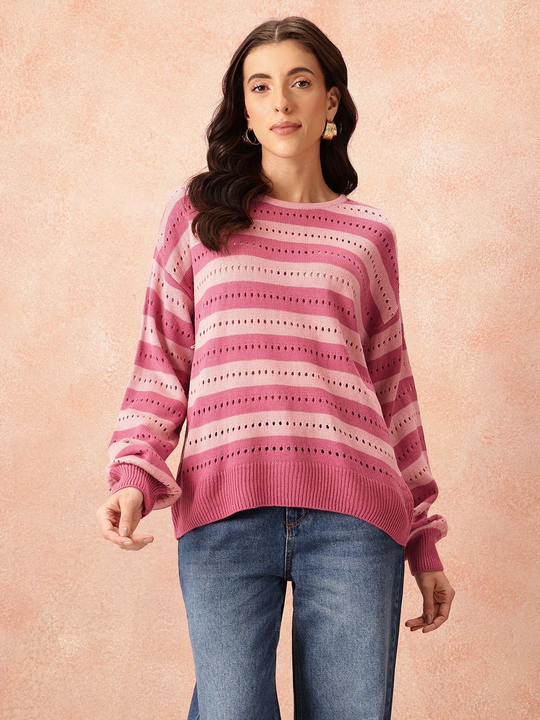 all about you Women Open Weave Striped Acrylic Pullover - Image 3