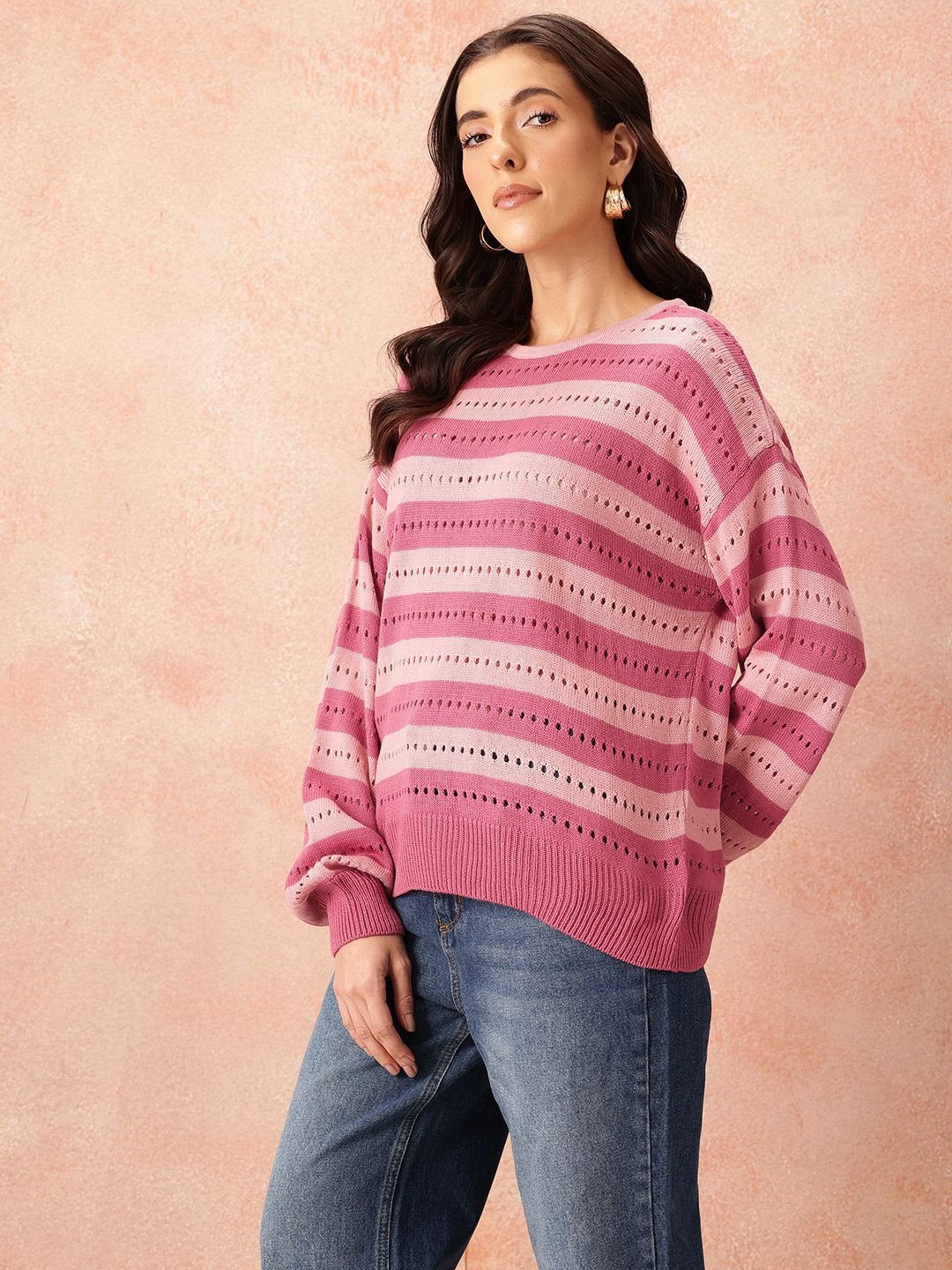 all about you Women Open Weave Striped Acrylic Pullover - Image 4
